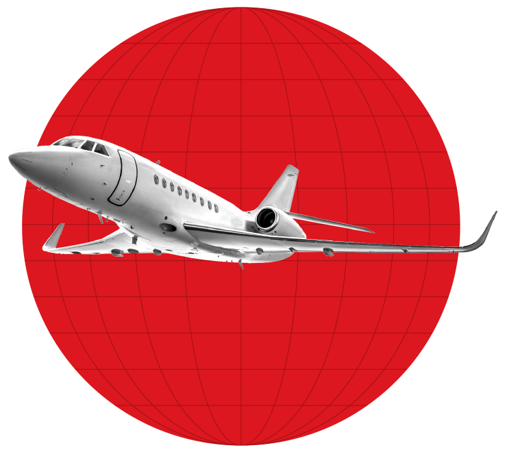 A white private jet flies in front of a large red globe with grid lines on a black background.